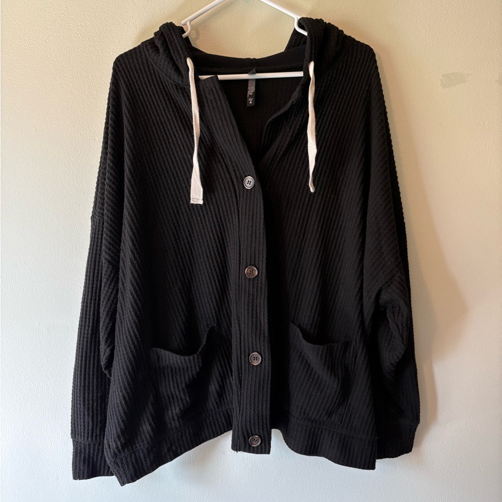 torrid Black Hooded Ribbed Button-Up Knit Top